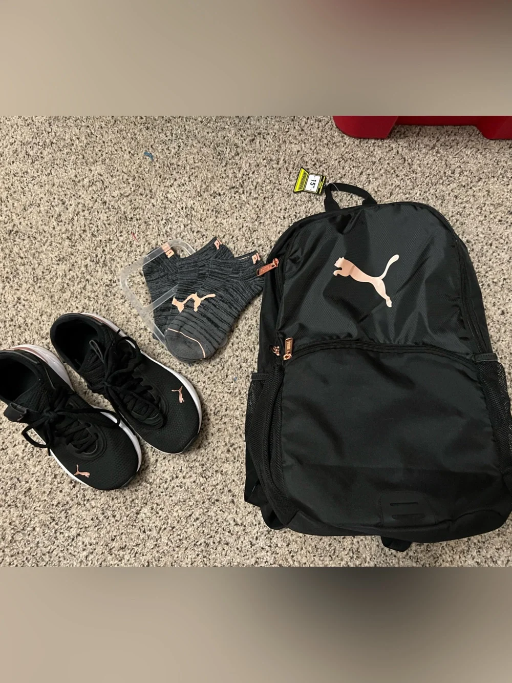 Puma Black Backpack with Rose Gold, Shoes size 7 womens, & socks Brand new.